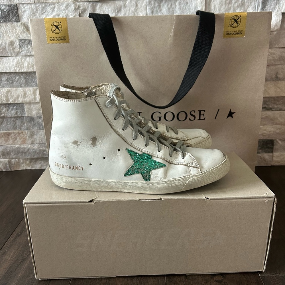 Golden Goose White High-Top Sneakers with Green Star 8